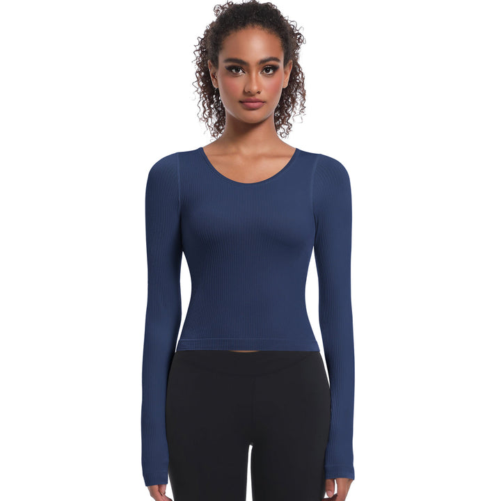 Seamless Crew Neck Long Sleeve Top with Built-in Bra