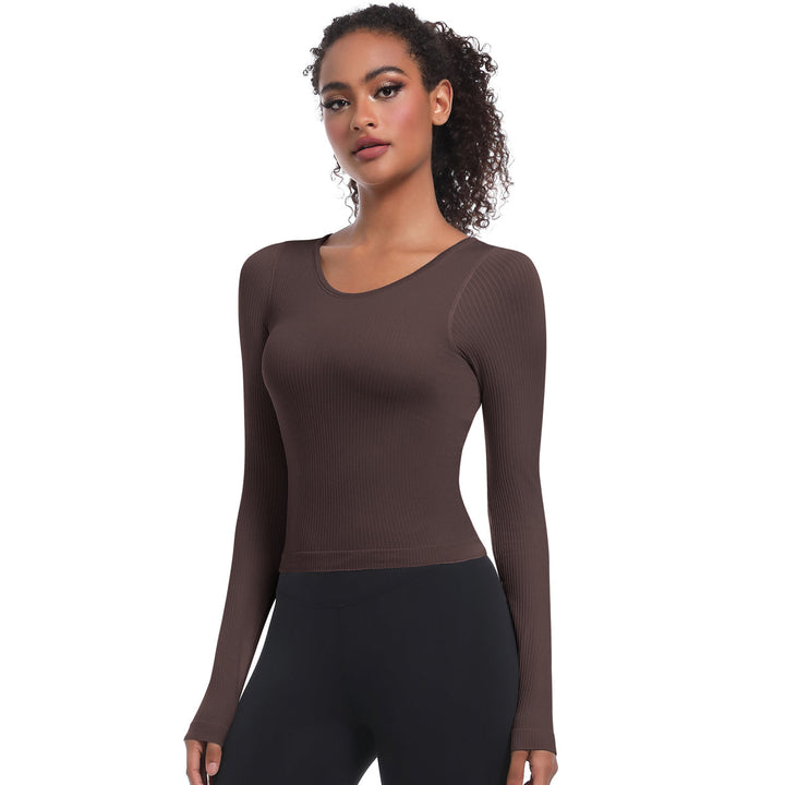 Seamless Crew Neck Long Sleeve Top with Built-in Bra