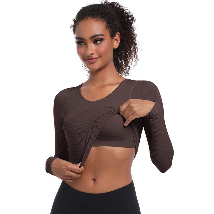 Seamless Crew Neck Long Sleeve Top with Built-in Bra