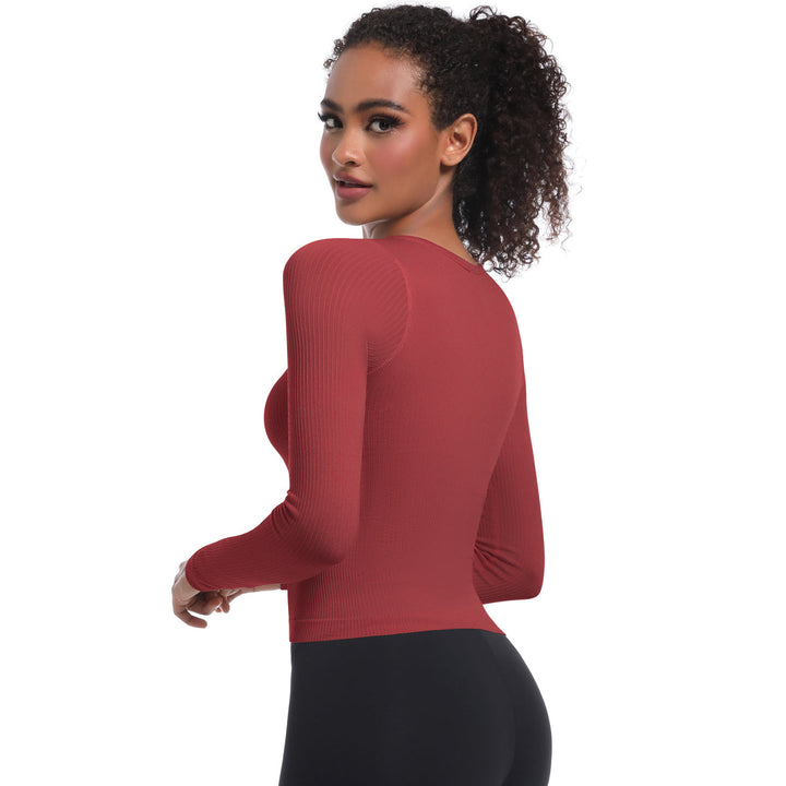Seamless Crew Neck Long Sleeve Top with Built-in Bra