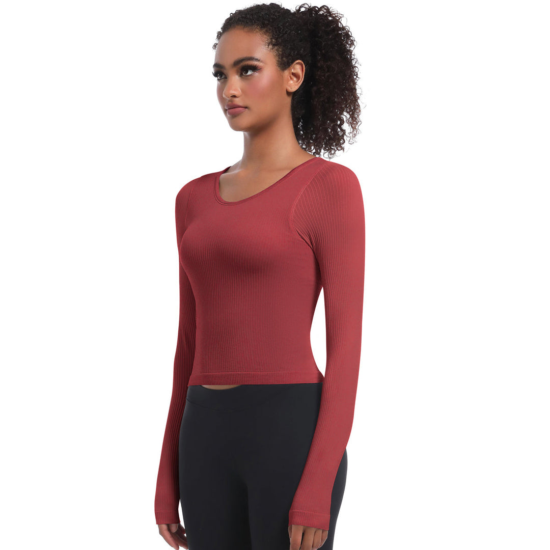 Seamless Crew Neck Long Sleeve Top with Built-in Bra