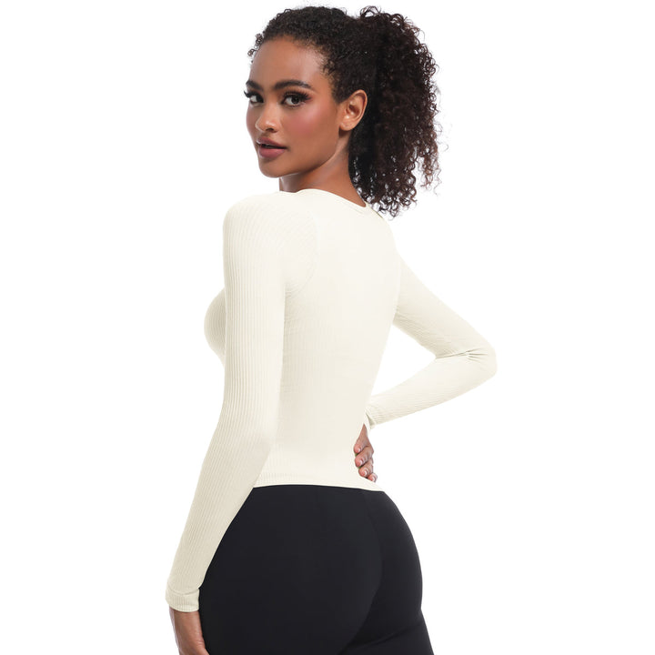 Seamless Crew Neck Long Sleeve Top with Built-in Bra