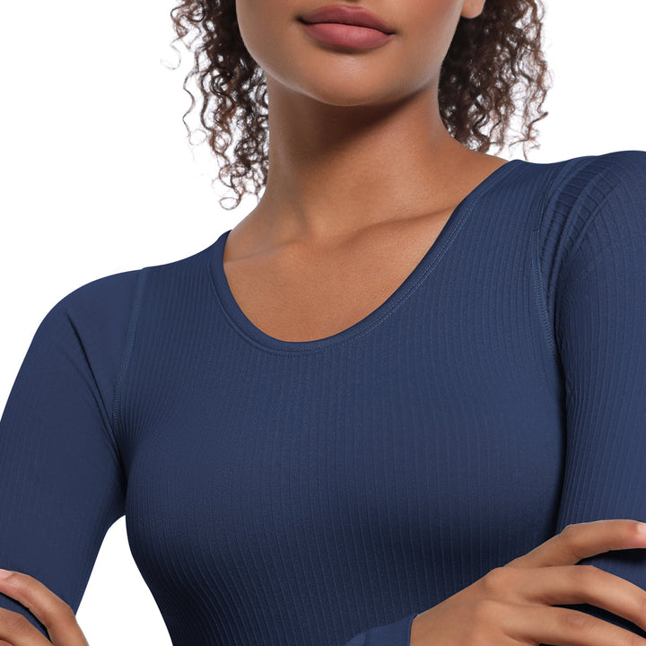 Seamless Crew Neck Long Sleeve Top with Built-in Bra