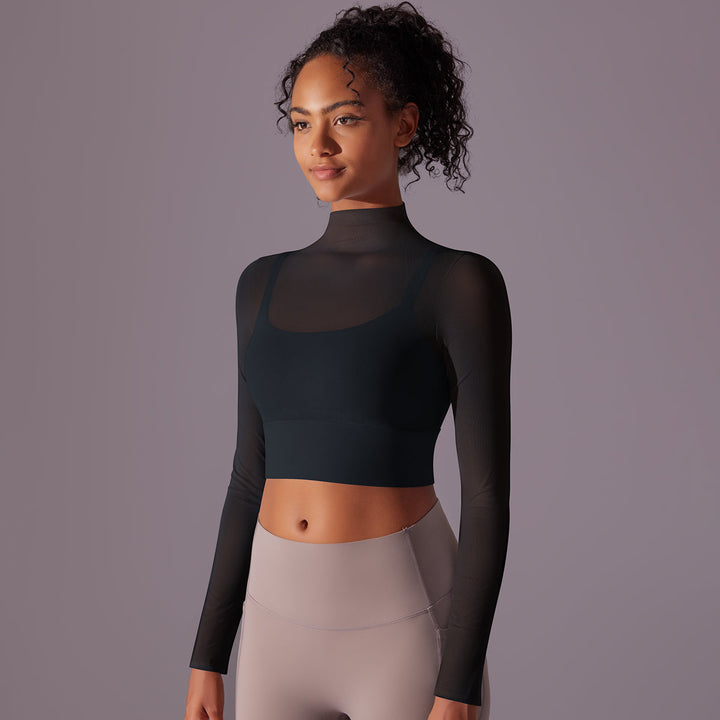 Mesh Long Sleeve Cropped Top with Built-in Bra