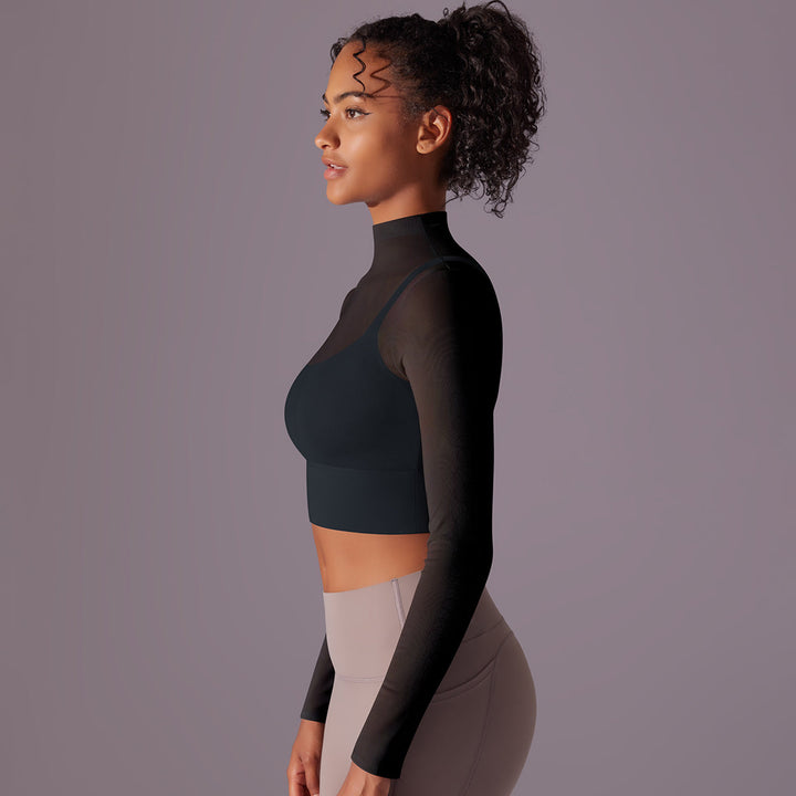 Mesh Long Sleeve Cropped Top with Built-in Bra