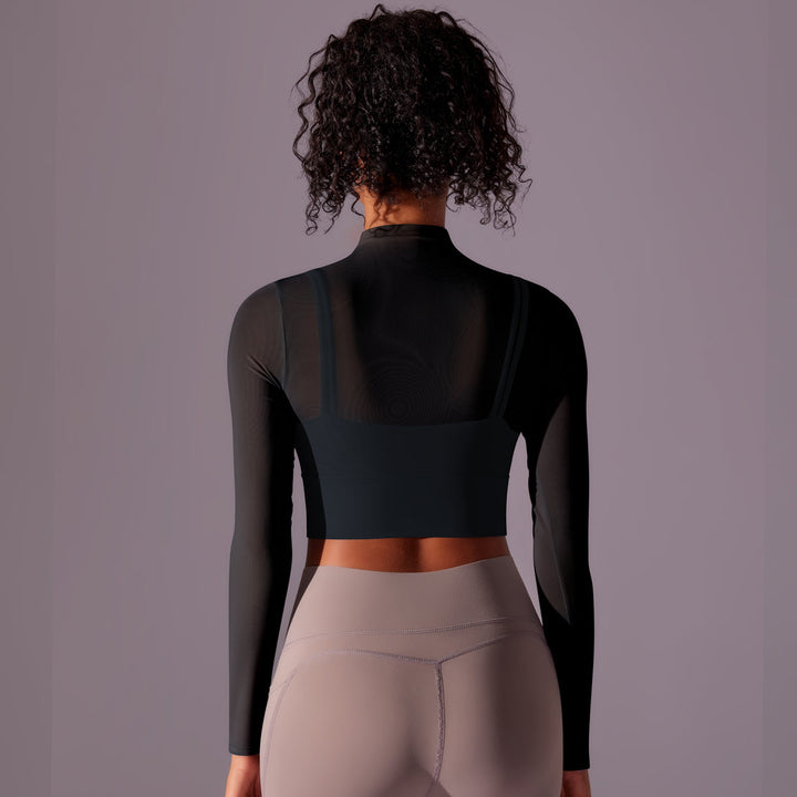 Mesh Long Sleeve Cropped Top with Built-in Bra