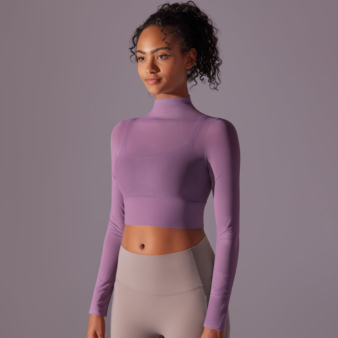 Mesh Long Sleeve Cropped Top with Built-in Bra