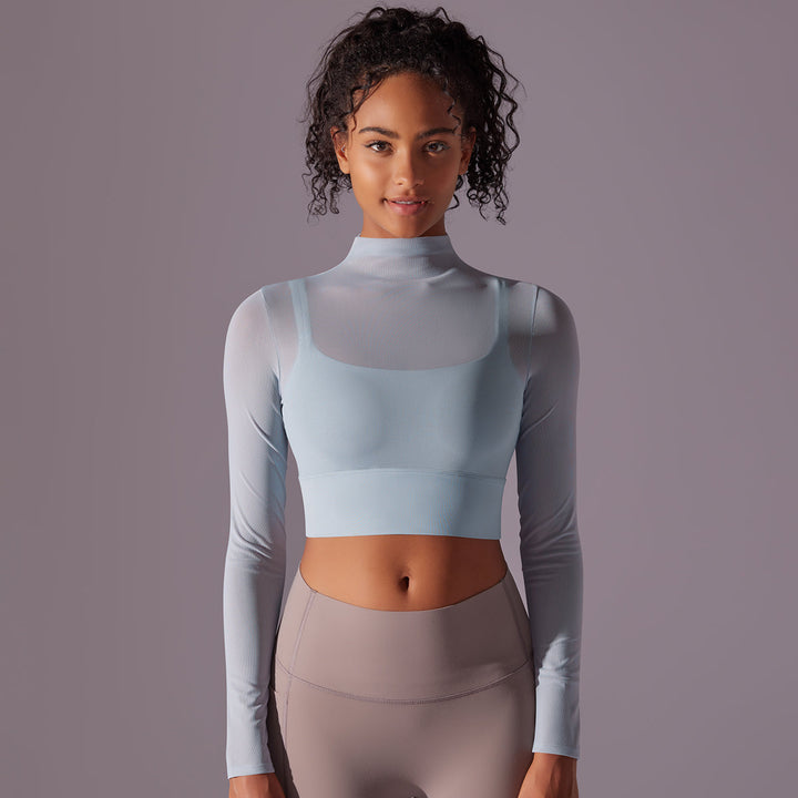 Mesh Long Sleeve Cropped Top with Built-in Bra