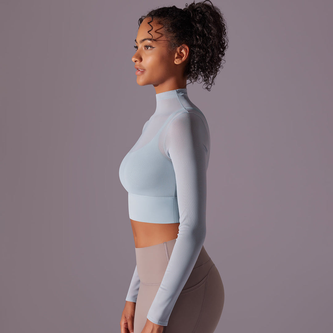 Mesh Long Sleeve Cropped Top with Built-in Bra