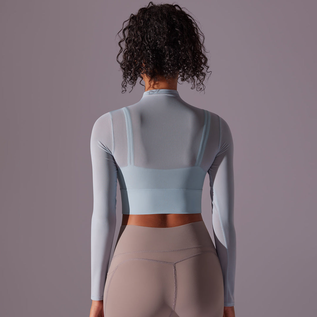 Mesh Long Sleeve Cropped Top with Built-in Bra