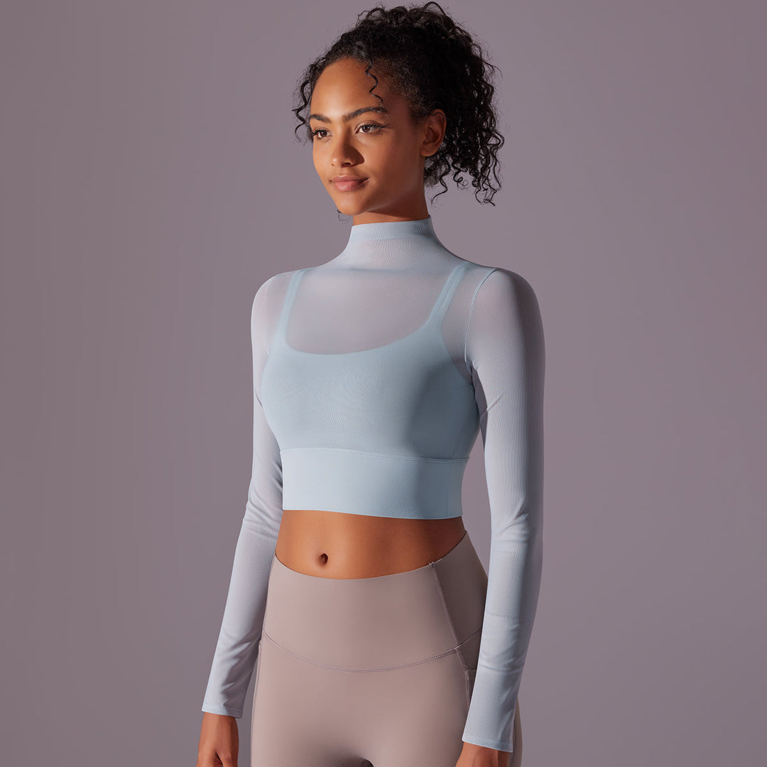 Mesh Long Sleeve Cropped Top with Built-in Bra
