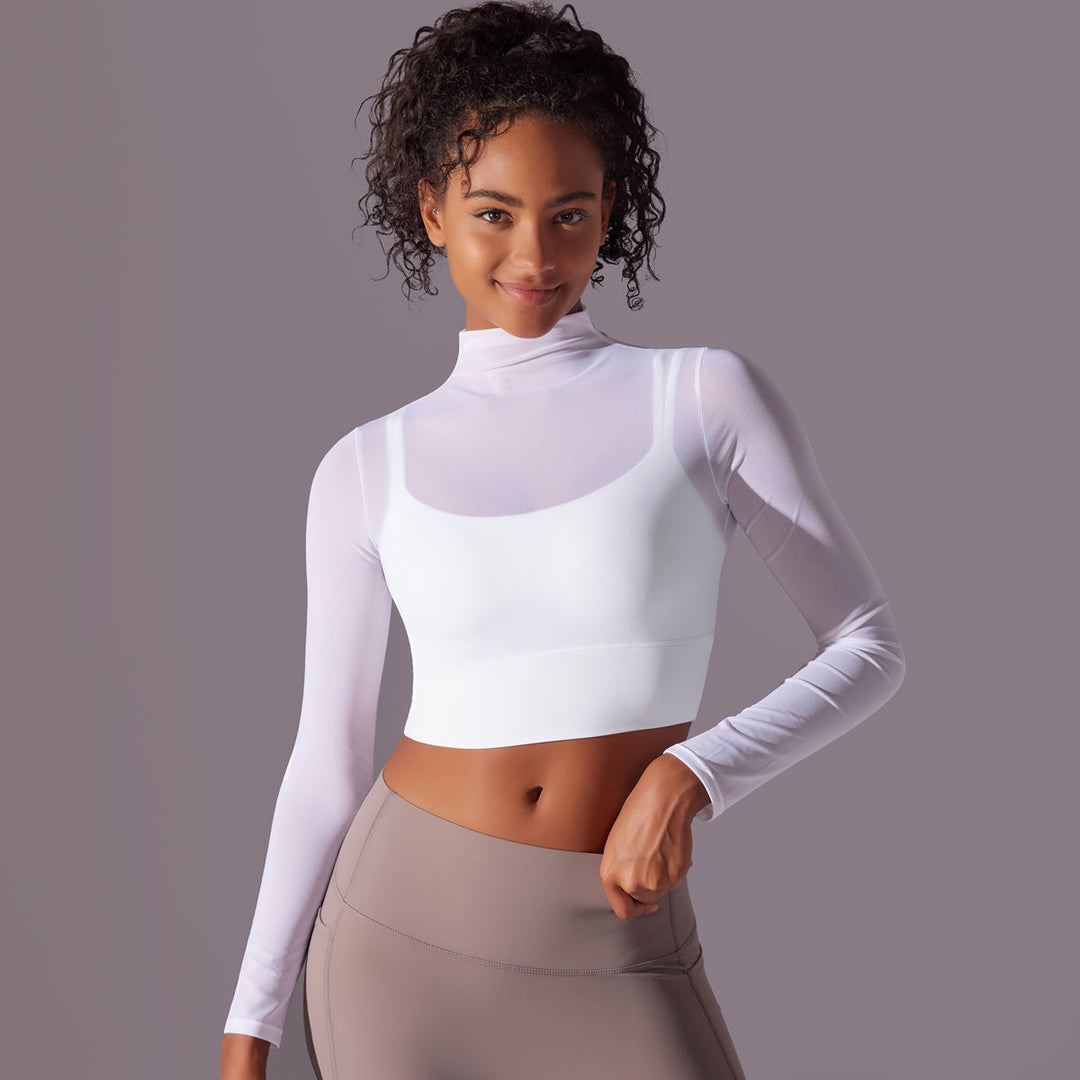 Mesh Long Sleeve Cropped Top with Built-in Bra
