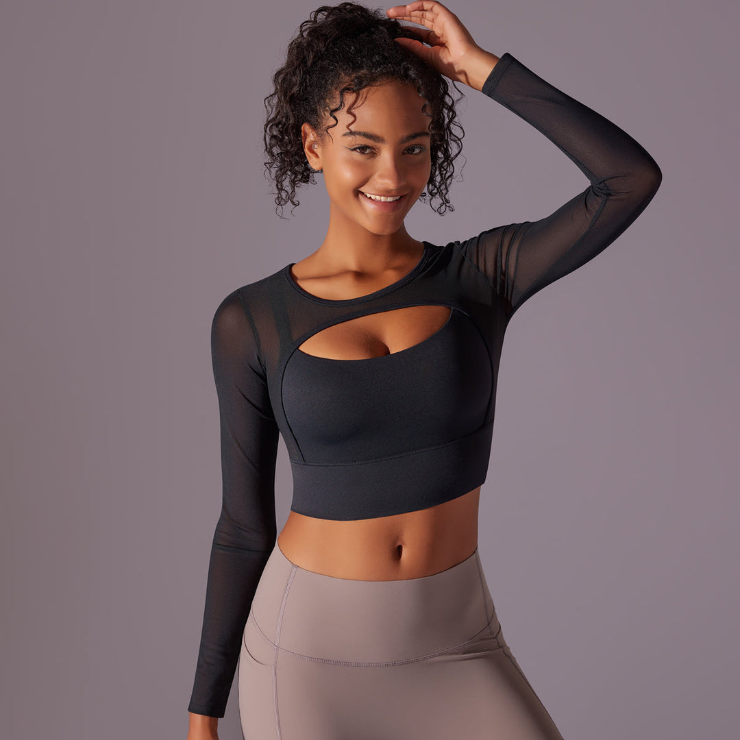 Mesh Long Sleeve Sexy Top with Built-in Bra