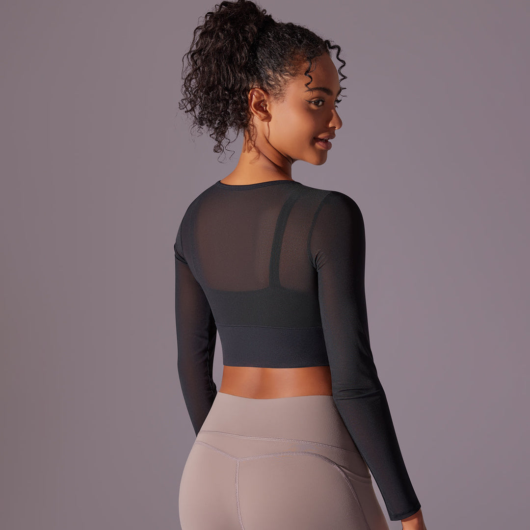 Mesh Long Sleeve Sexy Top with Built-in Bra