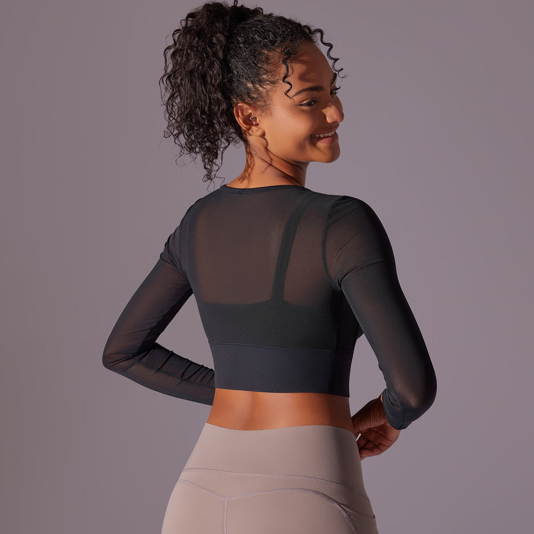 Mesh Long Sleeve Sexy Top with Built-in Bra